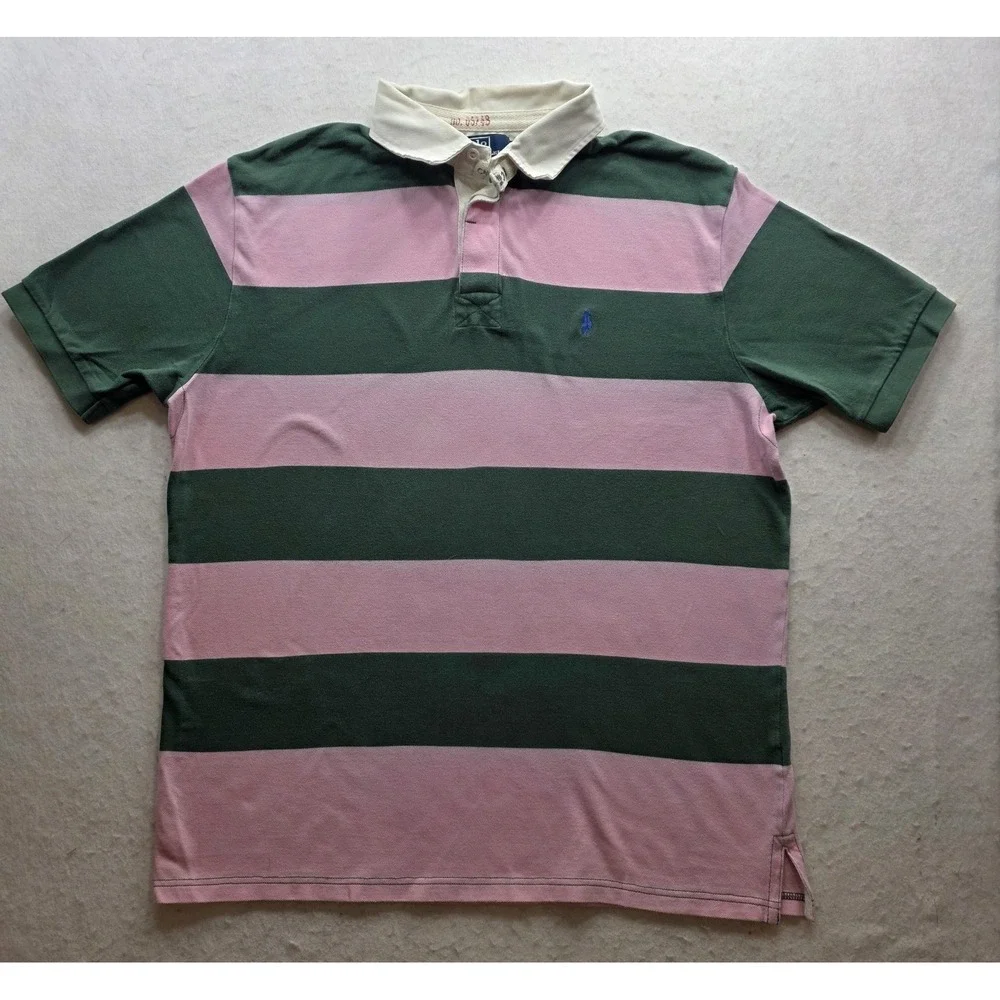 Polo Ralph Lauren Vintage Men's Green & Pink Striped Polo Shirt. Size XL